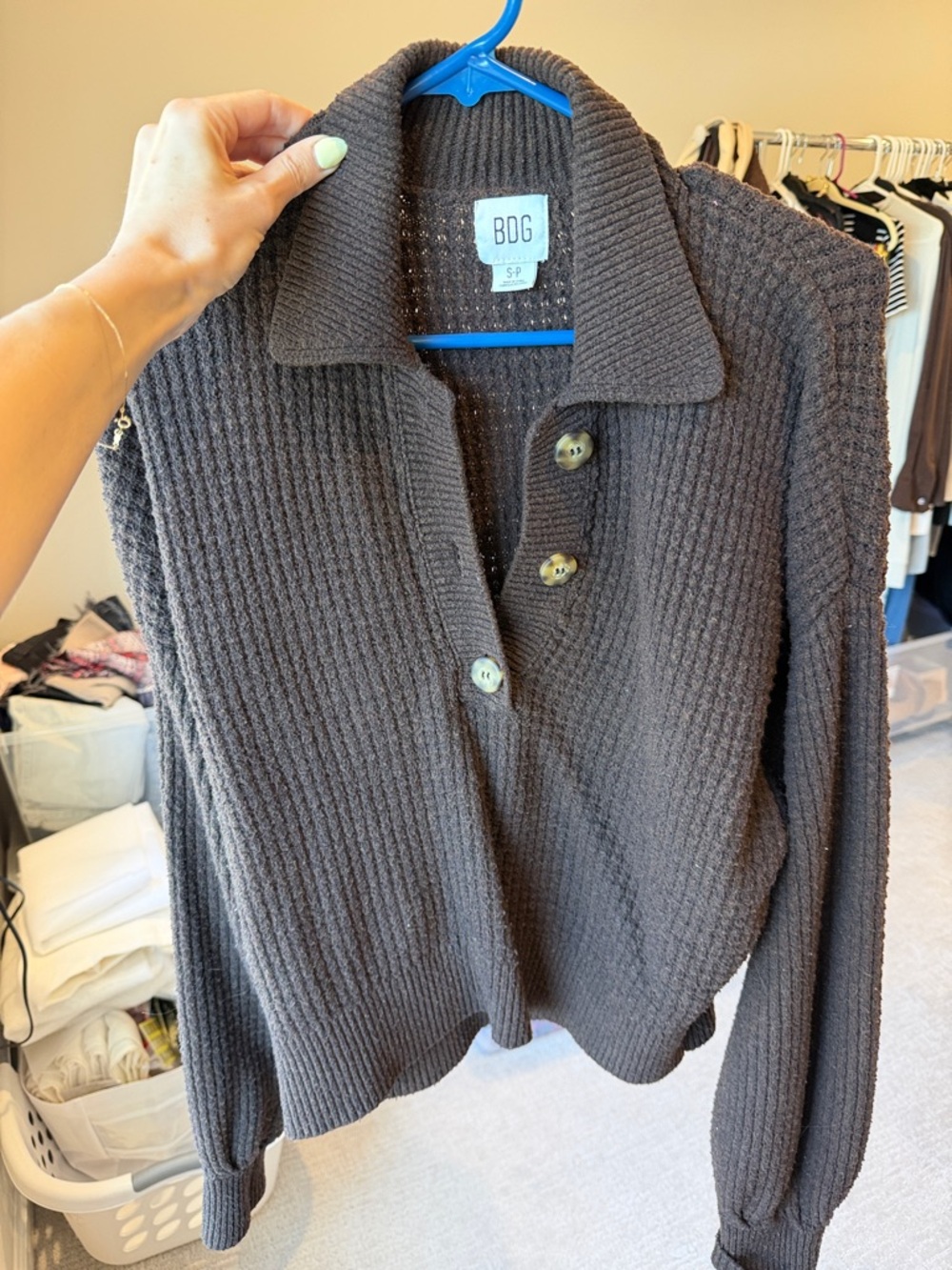 BDG Chocolate Brown Ribbed Button Polo Sweater